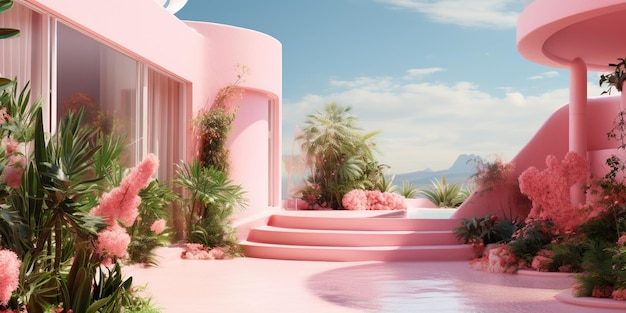 Generative AI futuristic luxury pink house surrounded by lush greenery