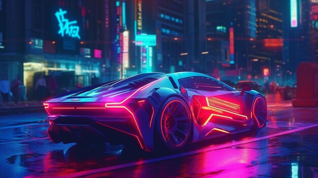 Generative AI a futuristic sports automobile in a neon city and a cyberpunk notion