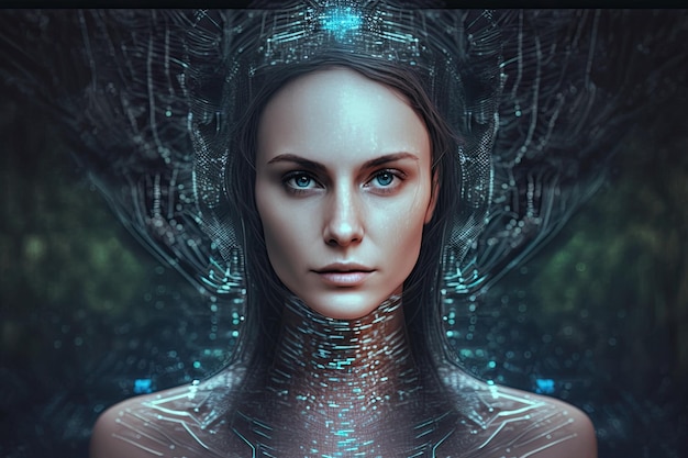 Generative AI The futuristic and technological face of a cyborg woman surrounded by wires and cable