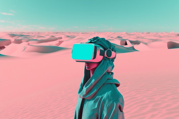 Photo generative ai futuristic woman using 3d vr goggles