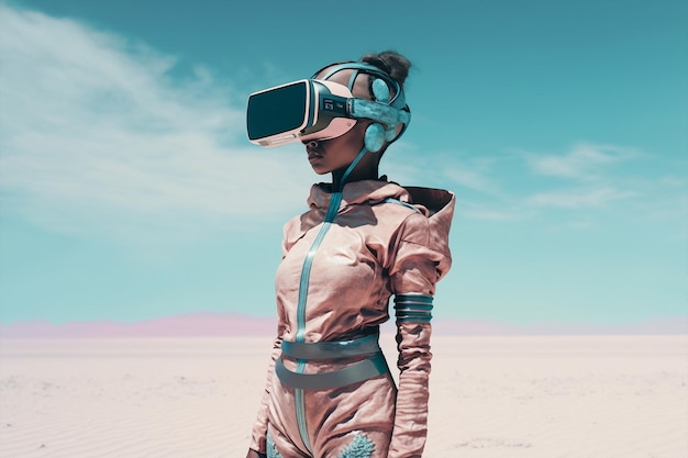 Generative ai futuristic woman using 3D vr goggles