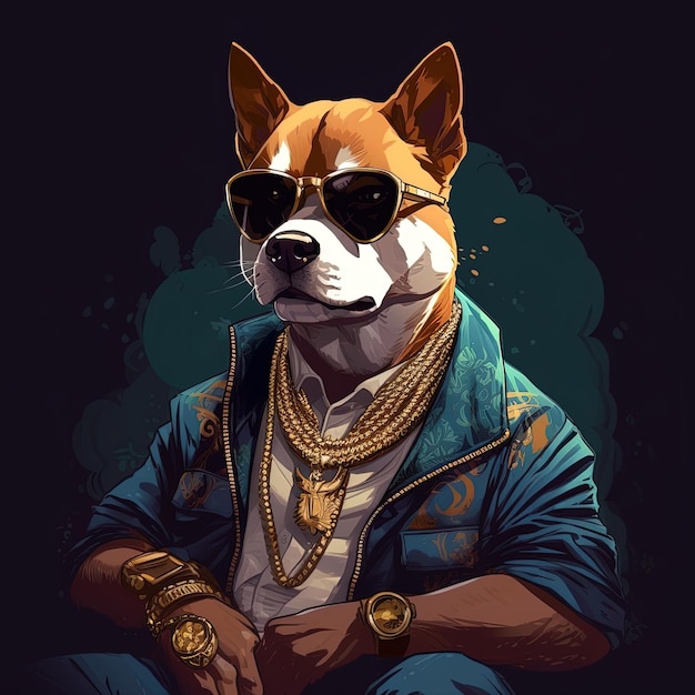 Generative AI a gangsta shiba 개 머리에 골드 체인 흡연 담배 Thug 라이프 컨셉을 입은 남자