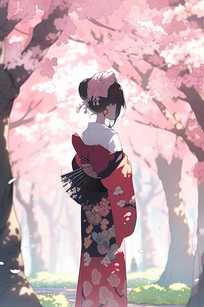 Generative ai Geisha in blooming sakura garden anime illustration