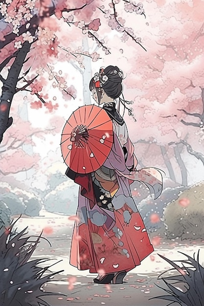 Generative ai Geisha in blooming sakura garden anime illustration