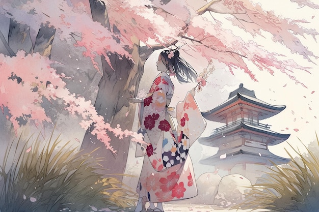 Generative ai Geisha in blooming sakura garden anime illustration