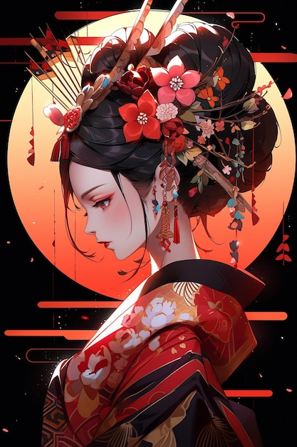 Generative ai geisha in kimono with umbrella spring flowers