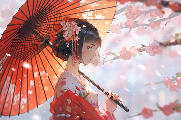 Photo generative ai geisha in kimono with umbrella spring flowers