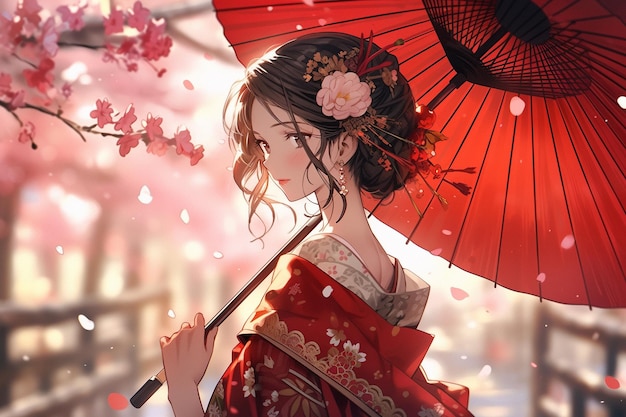キモノを着たジェネレーティブ・アイ・ゲイシャと傘の春の花