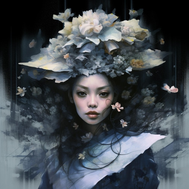 Generative ai Geisha portrait with flowers