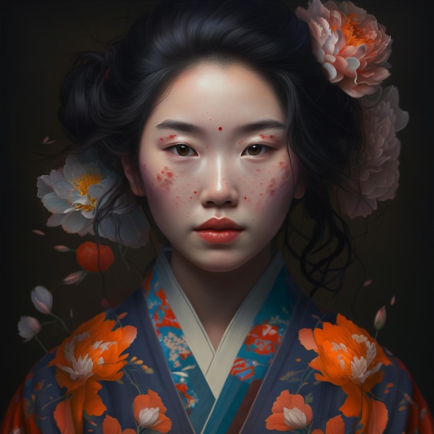 Генеративный портрет гейши с цветами