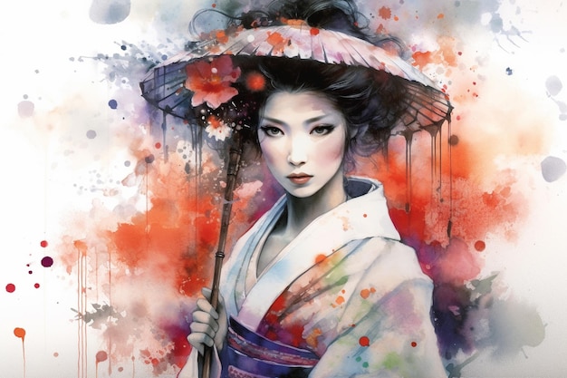 Generative ai Geisha watercolor illustration