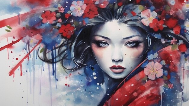 Generative ai Geisha watercolor illustration