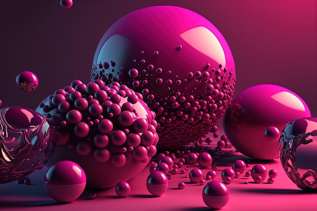 Generative AI geometric cube floating spheres and balls in magenta color Glossy pink fluid banner