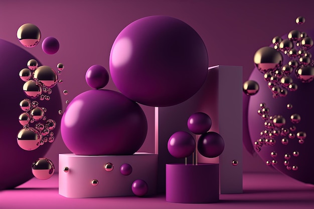 Generative AI geometric figures cube floating spheres and balls in violet and golden plastic color