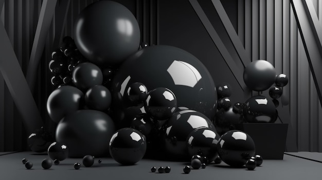 Generative AI geometric figures floating spheres and balls in black color