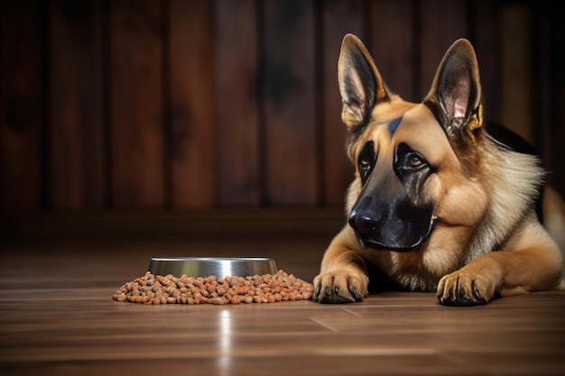 Cane pastore tedesco con intelligenza artificiale generativa sdraiato  accanto a una ciotola con cibo per cani crocchette guardando la telecamera