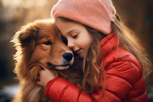 Generative AI Girl kissing hugging dog pet cute adorable red dog friendly closeup closing eyes fun