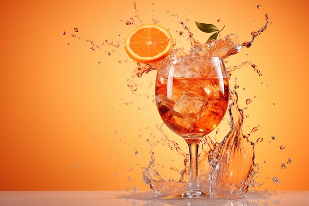 Generative ai glass of aperol spritz on neutral background with splashes copy space for advertising