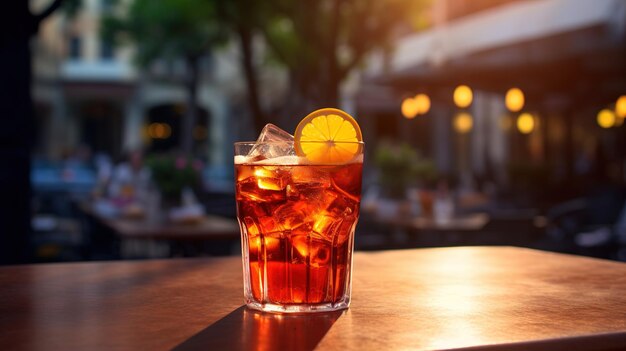 Generative ai glass of aperol spritz on wooden table with blur background with lights of street bar cafe or restaurantxa