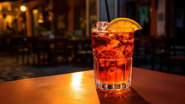 Генеративный AI стакан Aperol Spritz на деревянном столе с размытым фоном с огнями уличного бара