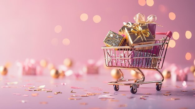 Generative ai golden and pink shopping cart with many gift boxes on pink background valentines day concept discount and salex9xa