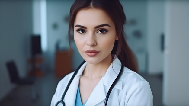 Generative AI a gorgeous brunette in a hospital with a stethoscope