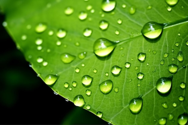 Generative AI green abstract background drops of dew on a leaf macro