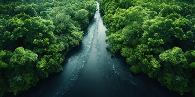 Генеративный искусственный интеллект: зеленый красивый пейзаж амазонских джунглей с деревьями и видом на реку с дрона