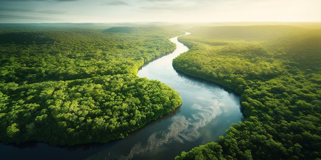 Generative ai green beautiful amazonian jungle landscape with trees and river drone view