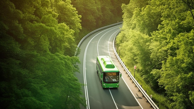 Generative AI green bus on forest highway