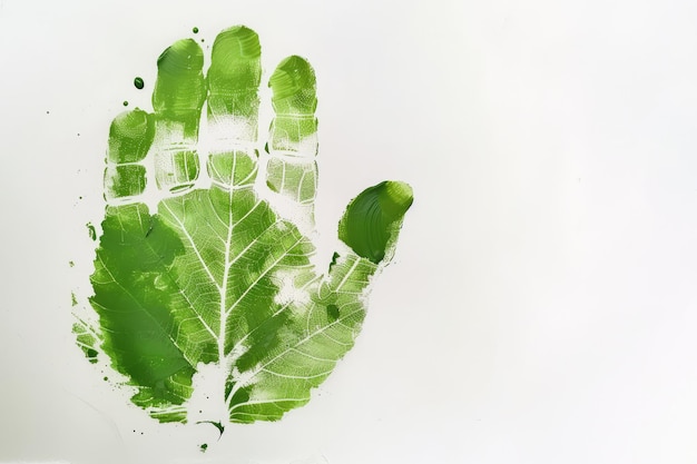 Generative AI green ecology painted handprint with leaf veins copy space