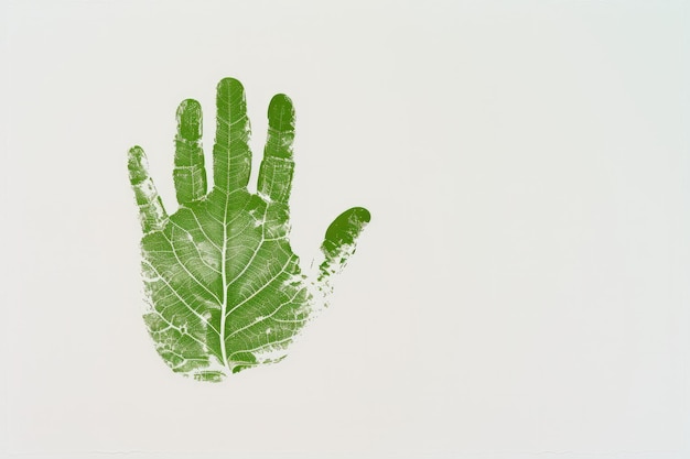 Generative AI green ecology painted handprint with leaf veins copy space