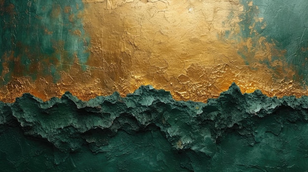 Generative AI Green and golden colors rough wall impasto grunge vintage painting background