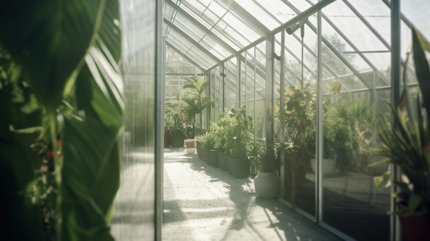 Generative AI Green house from the glass tentglass garden with a lot of plants Photorealistic effect