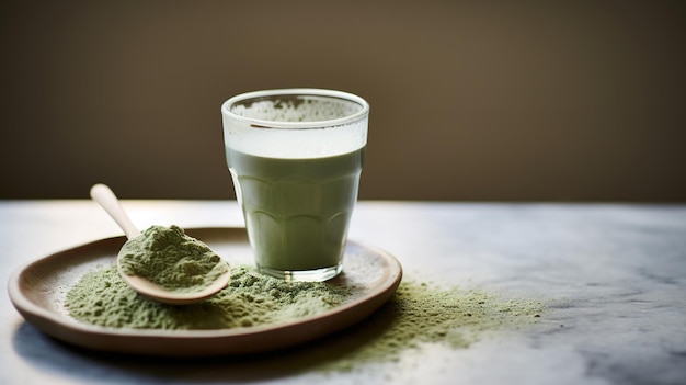 生成AI 緑のマッチャ茶の粉末と飲み物 沈 ⁇ された中性色 伝統的な日本茶