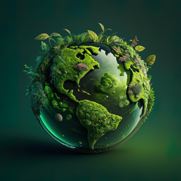 Generative AI a green mini planet earth Illustration of planet Earth with a giant tree Energy saving ecology and environment sustainable resources conservation concept