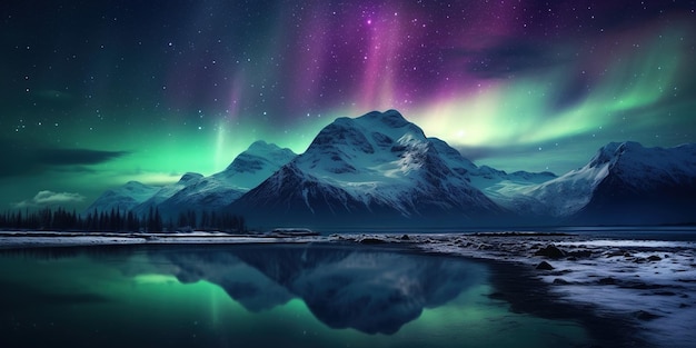 Generative AI Green and pink northern lights above snowy mountains winter landscape aurora and reflection on the water surface