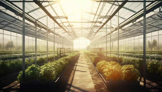 Генеративный искусственный интеллект теплица из стеклянного тентастеклянный сад с большим количеством растений Фотореалистичный эффект