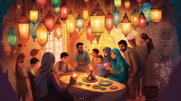 Generative AI Eid AlAdha를 위한 인사말 카드 전통적인 식사 주위에 가족이 모인 축제 장면 천장에 매달려 있는 복잡한 디자인의 등불 따뜻한 촛불