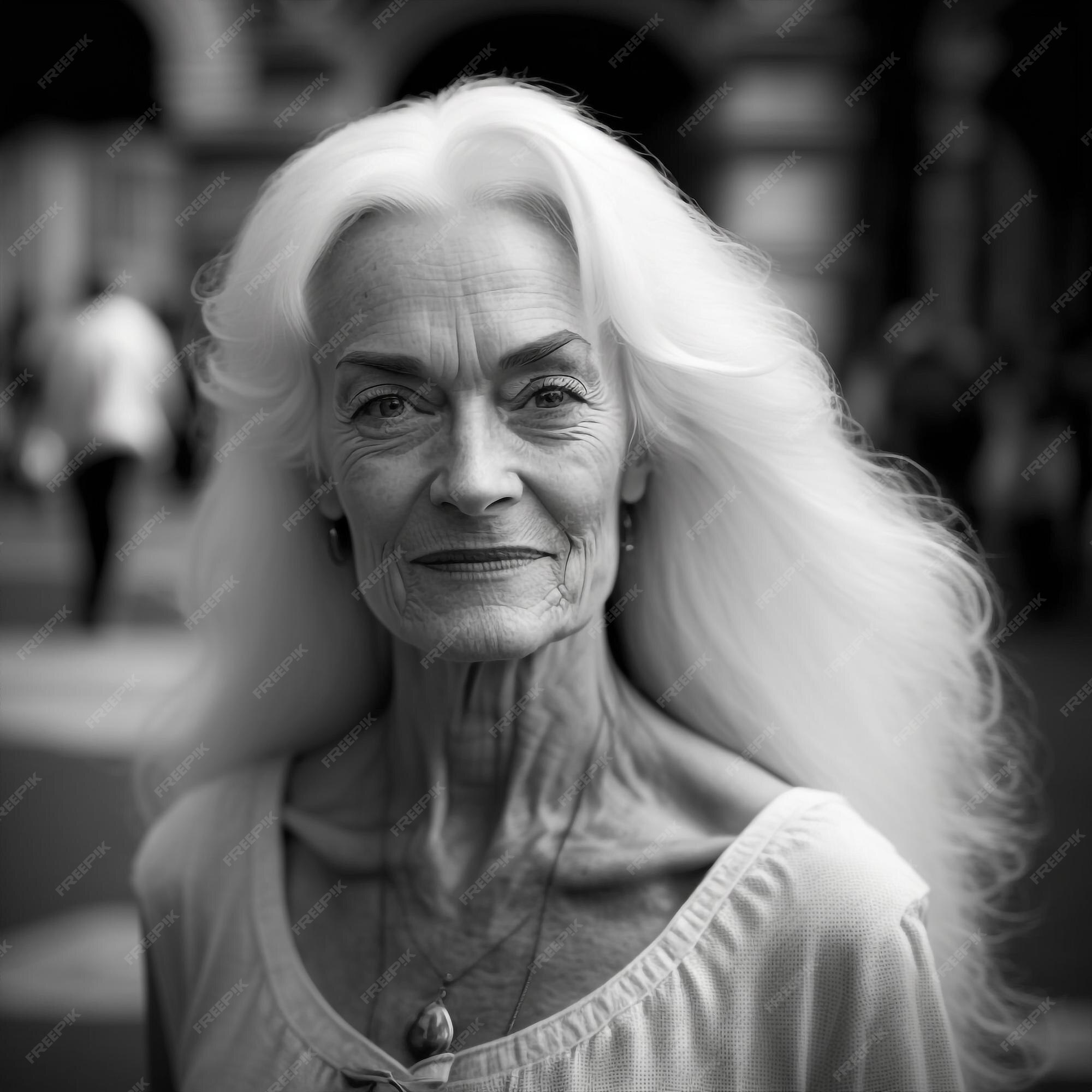 Premium AI Image Generative ai grey hair mature woman black and white
