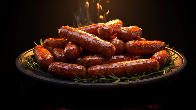 Generative AI Grilled sausages on a plate dark background barbeque food