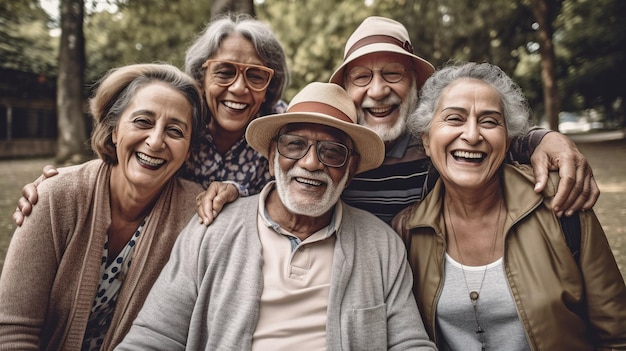 Generative AI a group of happy senior citizens interacting in a park