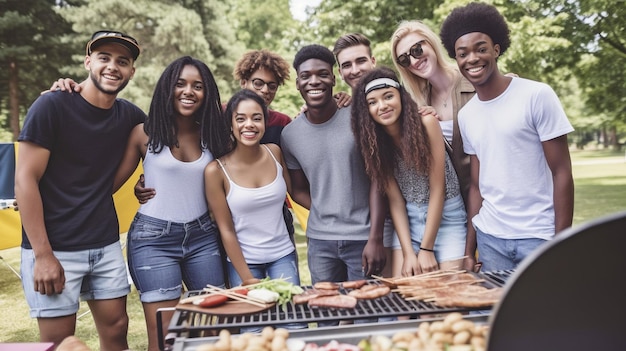 Generative AI group image of teenagers enjoying a picnic grouped around the grill