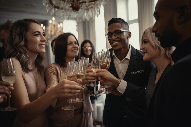 Foto amici multietnici del gruppo ai generativo che fanno brindisi a una festa elegante