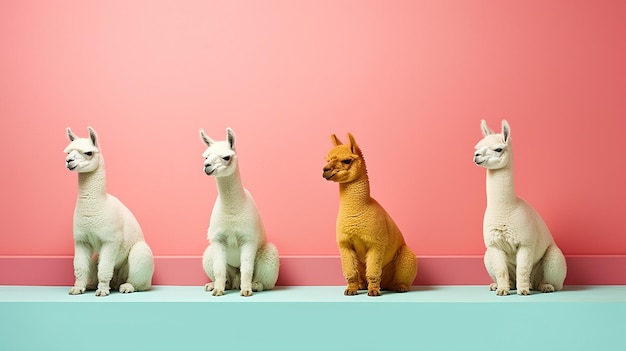 Generative AI Group of positive different colors of alpacas or lamas funny animals