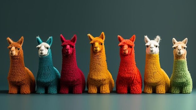 Photo generative ai group of positive different colors of alpacas or lamas funny animals