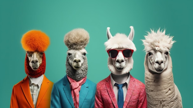 Generative AI Group of positive different colors of alpacas or lamas funny animals