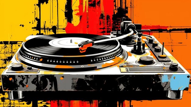 Generative ai grunge vinyl recorder vintage turntable player pop art graffiti vibrant color ink melted paint street art on a textured paper vintage background