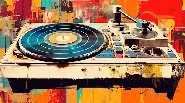 Generative AI Grunge vinyl recorder vintage turntable player pop art graffiti vibrant color Ink melted paint street art on a textured paper vintage background