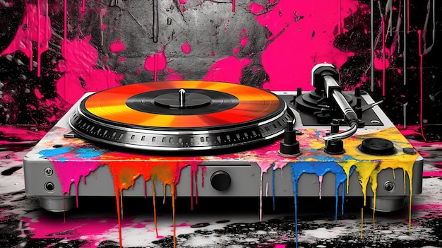 Photo generative ai grunge vinyl recorder vintage turntable player pop art graffiti vibrant color ink melted paint street art on a textured paper vintage background